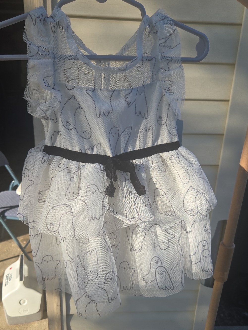 Cat & Jack White Ghost Print Tulle Tiered Dress with Black Waist Tie